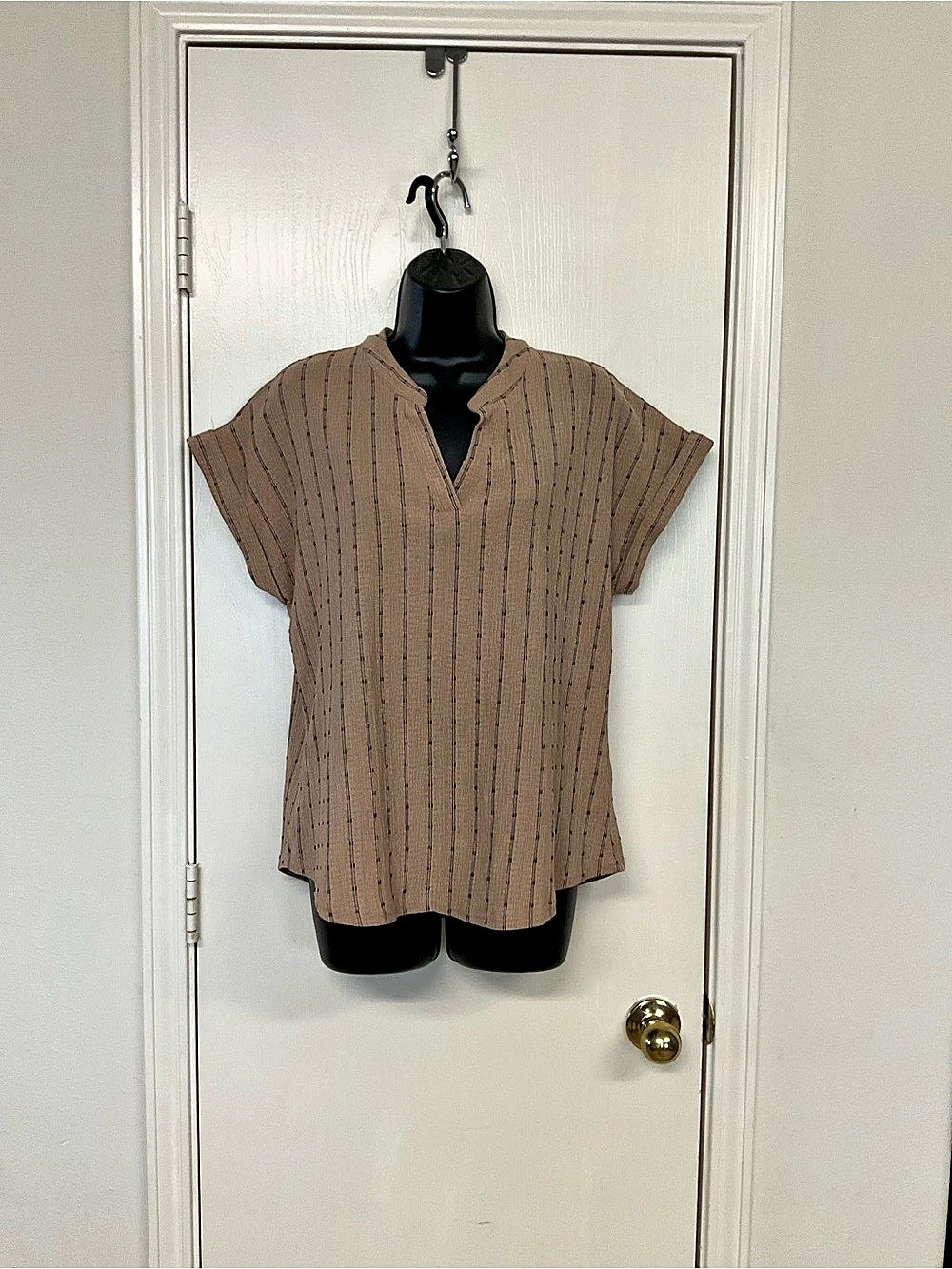 Fifty Street Women's V-Neck Roll Tab Short Sleeve Striped Top Striped Top, Brown